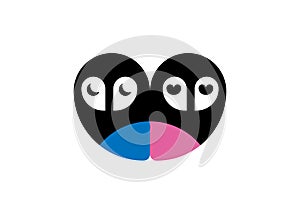 Two cute owls in love logo design. Owls Birds Modern Simple icon, half moon heart shaped eyes. Blue and Pink Animal sign, vector