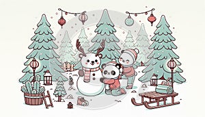 Two cute panda bear friends making a snowman in forest