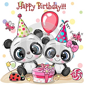 Two Cute Pandas and ladybug with balloon and bonnets