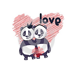 Two cute pandas in love. St Valentines Day Card.