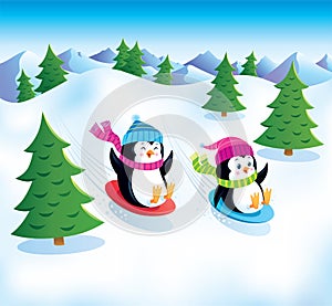 Two Cute Penguins Sledding Downhill On Discs