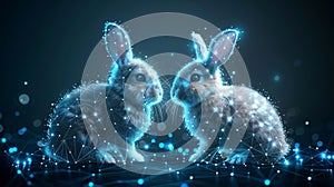 Two cute polygonal Easter bunny rabbits composed of sparkling points and lines on dark digital landscape backdrop