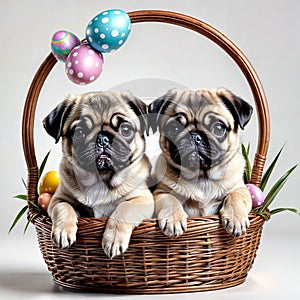 Two cute pug puppies in a wicker basket