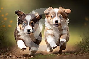 two cute puppies are playing tag, racing around the yard