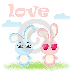 Two cute rabbit cartoon on white background print .