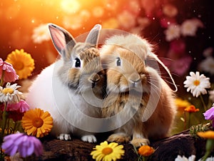 two cute rabbits with flowers photo