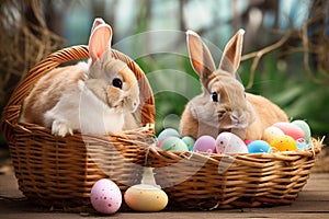 Two cute rabbits in a meadow in a wicker basket filled with colored easter eggs - Generative AI