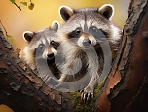 Two cute raccoons on the