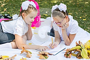 Two cute schoolgirls doing homework on a blanket in a sunny autumn park. Outdoor education. Back to school concept