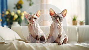 Two cute serious domestic cats of Sphinx breed are comfortably seated on gray cozy sofa. Elegant cat looks straight ahead.