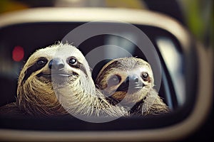 Two cute sloth sittimng in a car, reflection in the mirrow jungle animal, illustration, generative ai