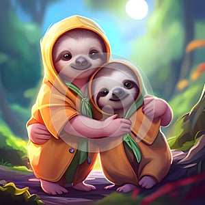 Two cute sloths sit on a log in the jungle, cartoon characters