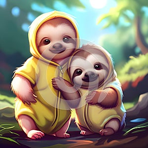 Two cute sloths sit on a log in the jungle, cartoon characters