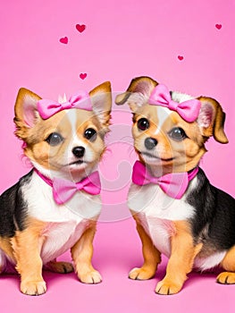 Two cute small puppies with pink bow ties on pink with hearts. With space for text. Valentines day postcards. Generative AI