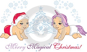 Two cute smiling babies in Christmas props. Greeting postcard