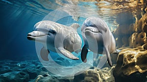 Two cute smiling dolphins swim underwater in sea, ocean under water life. Theme of wildlife, wild animal, travel, nature
