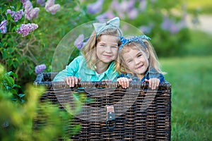 Two cute smiling girls sisters lovely together on a lilac field bush all wearing stylish dresses and jeans coats.