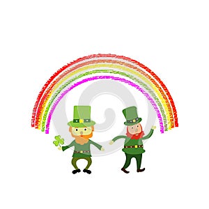 Two cute St Patrick`s day leprechaun cartoon character under a rainbow