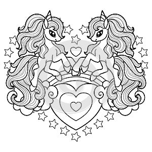 Two cute unicorns. Black and white linear drawing. Vector