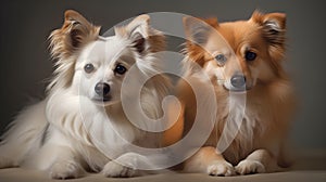 Two cute white and brown pomeranian dog sit and pose look at the camera studio shot isolated gray background