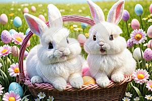 Two cute white Bunny in a basket with decorated eggs , on the lawn, Easter card