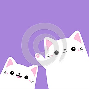 Two cute white cat set in the corner waving hand. Funny kitten face head. Cartoon kawaii baby character. Pet animal. Pink ears,