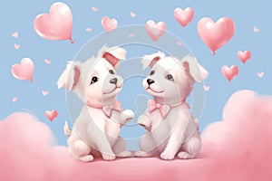 Two cute white dogs sitting on a blue background with pink hearts. The concept of Valentine's Day.