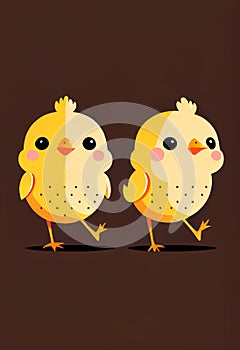 Two cute yellow baby chicks - AI generated illustration of cartoon characters