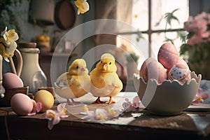 two cute yellow little easter chicks on a table top in a cozy home with decorated eggs - generative AI