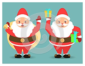 Two cute young Santa claus with bag and gift boxes