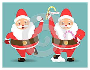 Two cute young Santa Claus with snowball and candy cane