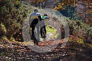 Two cyclists practicing mountain bike in a forest