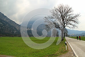 Two cyclists ride bikes along the road throw green grass field with background of 19th century fairy tale Neuschwanstein castle,