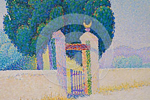 The two cypresses detail Pointillism style, painting by French impressionist Paul Signac