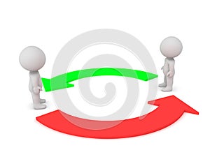 Two 3D Characters with red and green arrows circled around them