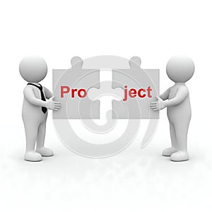 Two 3D Faceless Figures Holding 'Pro' and 'Ject' Puzzle Pieces with Missing Center Piece on White Background