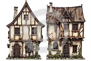 Two 3D Isolated Medieval Houses Against A Transparent Background photo