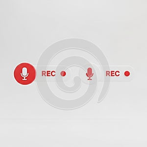 Two 3D Red Microphone Record Buttons with REC Text on White Surface Keywords: 3D, record, button, microphone, rec, recording,