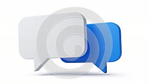 Two 3 D speech bubbles one blue one white overlapping on white background