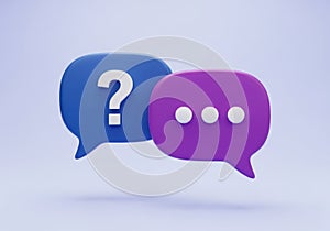 Two 3d speech bubbles one with a question mark and one with ellipses isolated on white background