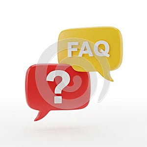 Two 3D speech bubbles one red with a white question mark and one yellow with white text FAQ on a white background