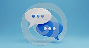 Two 3D Speech Bubbles, One White and One Blue, Overlapping On A Blue Background chat bubble dialogue