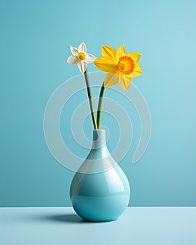 Two daffodils in a blue vase on a blue background