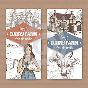 Two dairy color farm shop labels with farmhouse, milkmaid and cow on white. photo