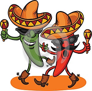 Two dancing cartoon mexican peppers