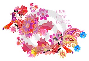 Two dancing couple decorated flowers and paisley, isolated on white background. Beautiful concert poster. International Dance Day