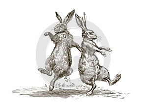 Two dancing easter bunnies. Easter image for posters and postcards. Vintage engraving