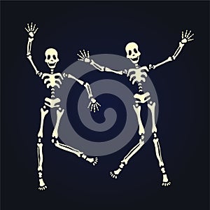 Two dancing skeleton. Vector illustration, isolated on black.