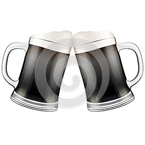 Two dark beer mugs clink. Vector Illustration photo