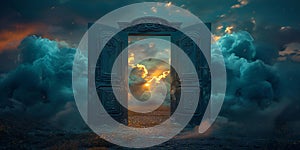 Two dark gothic doors, one door is open and the other closed with clouds in it, sky background, concept of heaven or hell